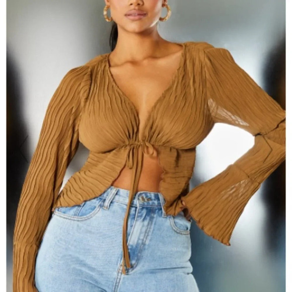 PrettyLittleThing Tops - Sheer Plisse Tie Front Flute Sleeve Blouse Small